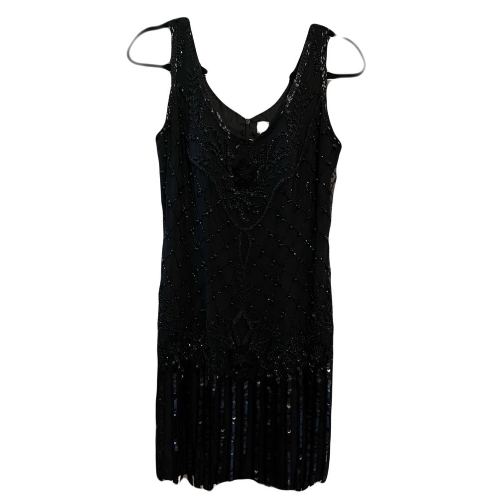 1920s vintage Flapper sleeveless black dress with beads and sequins sz M
